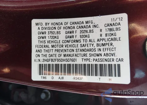 2013 Honda Civic Ex-L из США, поврежденный, VIN 2HGFB2F95DH507601